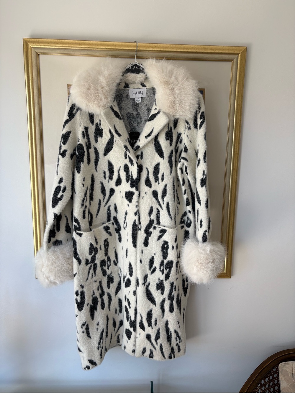 Joseph Ribkoff Black and Cream Leopard-Print Coat with Faux Fur Trim - Picture 1 of 4
